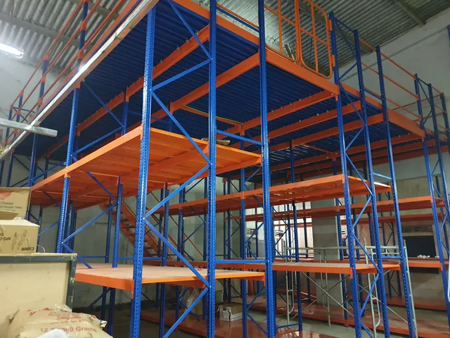 Shelving system with a mezzanine floor done for an apparel export company in Bibile