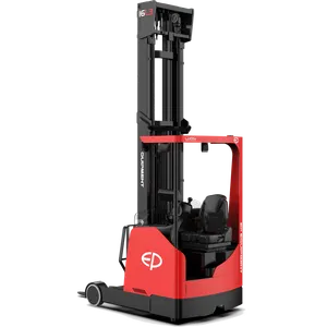 Seated electric reach truck with a telescoping mast, straddle legs and Li-Ion battery